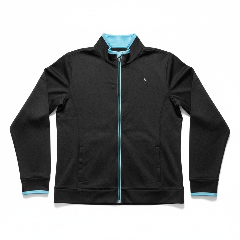 Danskin Now Womens XL Black Aqua Blue Trim Full Zip Track Jacket DL31T008